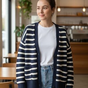 NWT J.Crew Striped Cardigan Sweater Button Front Navy White Pockets [Size XL]